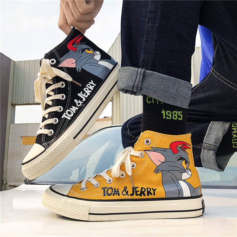 Summer High-Top Canvas Shoes Men's Trend All-Match Shoes Cat and Mouse Joint Graffiti Sneakers.