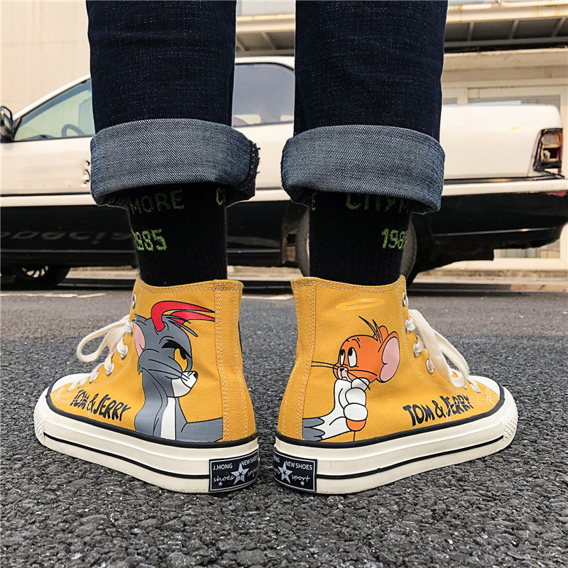 Summer High-Top Canvas Shoes Men's Trend All-Match Shoes Cat and Mouse Joint Graffiti Sneakers.