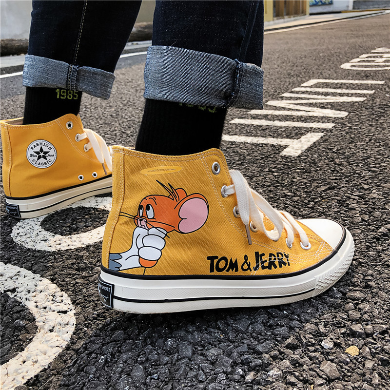 Summer High-Top Canvas Shoes Men's Trend All-Match Shoes Cat and Mouse Joint Graffiti Sneakers.