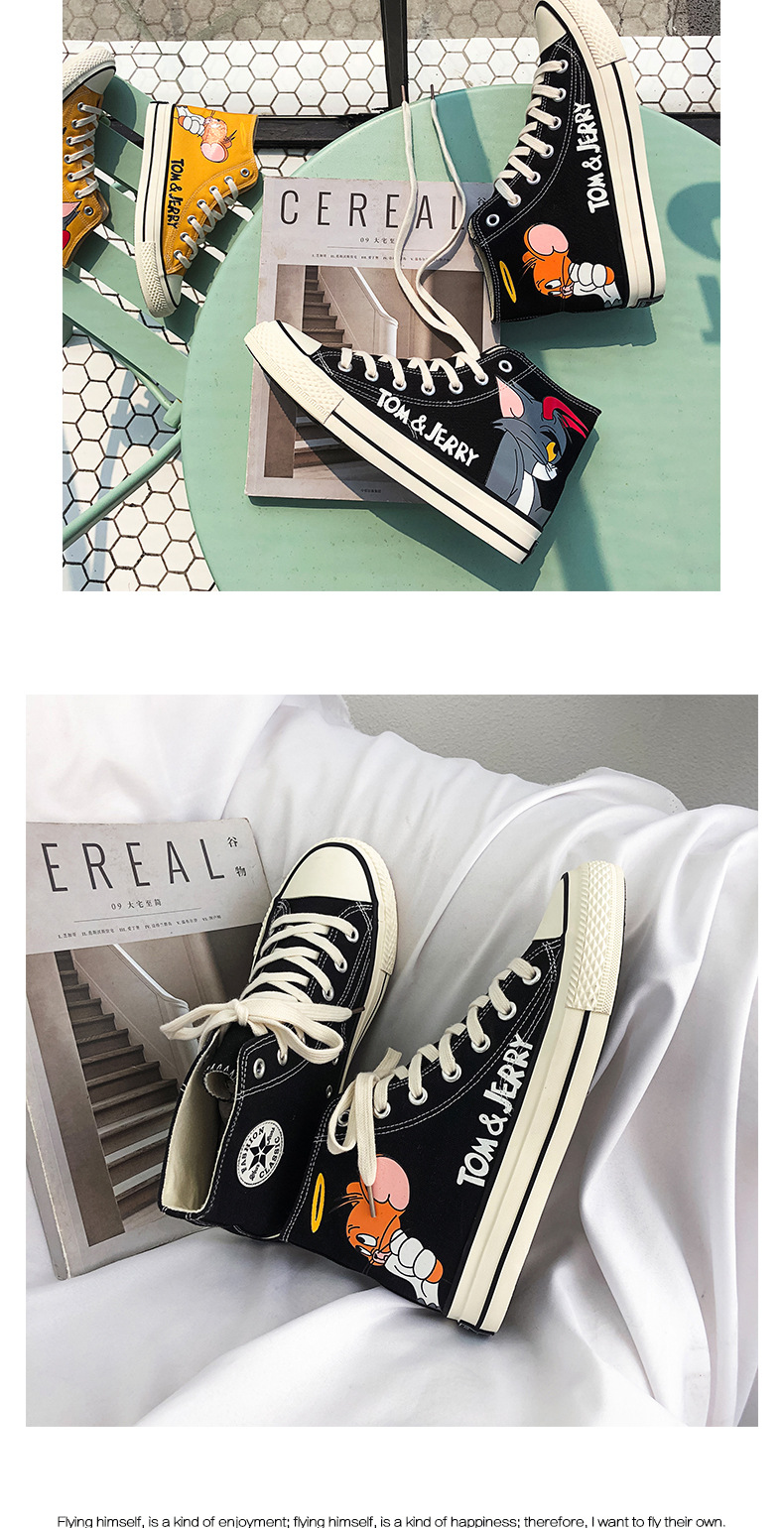 Summer High-Top Canvas Shoes Men's Trend All-Match Shoes Cat and Mouse Joint Graffiti Sneakers.