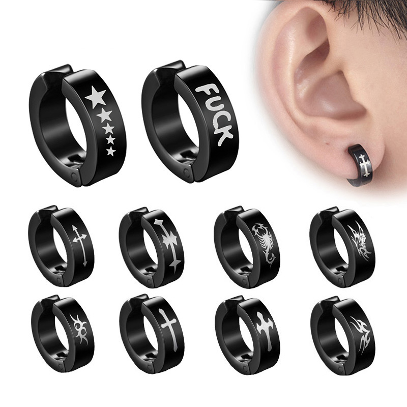 1Piece Titanium Steel Ear Clip Earrings For Men Women Print Pattern Black No Pierced Fake Ear Circle