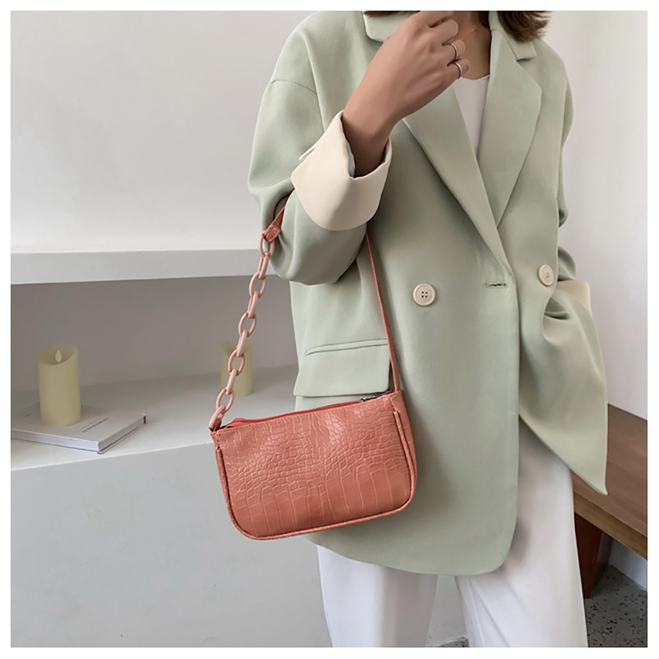 Crocodile Pattern Baguette Handbag For Women Candy Color Chain Small Shoulder Bags Fashion Design