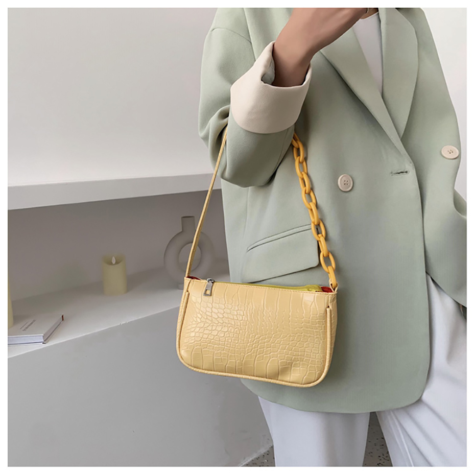 Crocodile Pattern Baguette Handbag For Women Candy Color Chain Small Shoulder Bags Fashion Design