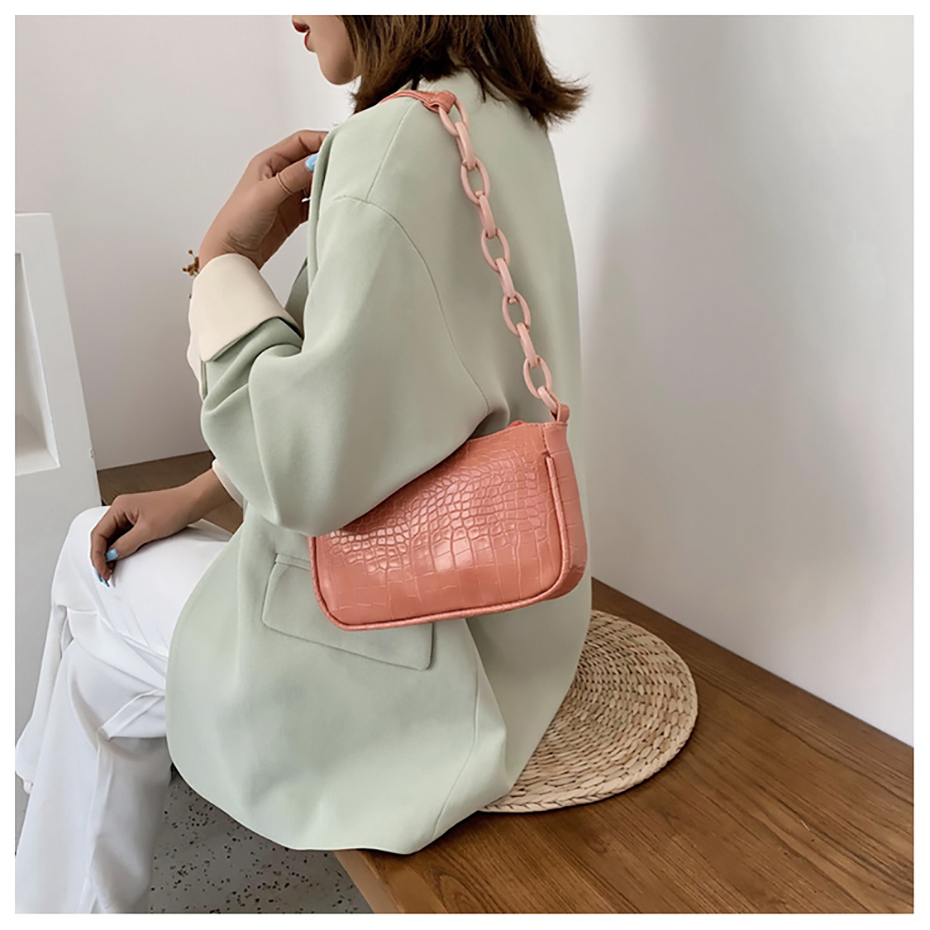 Crocodile Pattern Baguette Handbag For Women Candy Color Chain Small Shoulder Bags Fashion Design