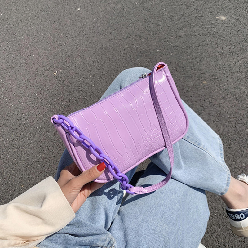 Crocodile Pattern Baguette Handbag For Women Candy Color Chain Small Shoulder Bags Fashion Design