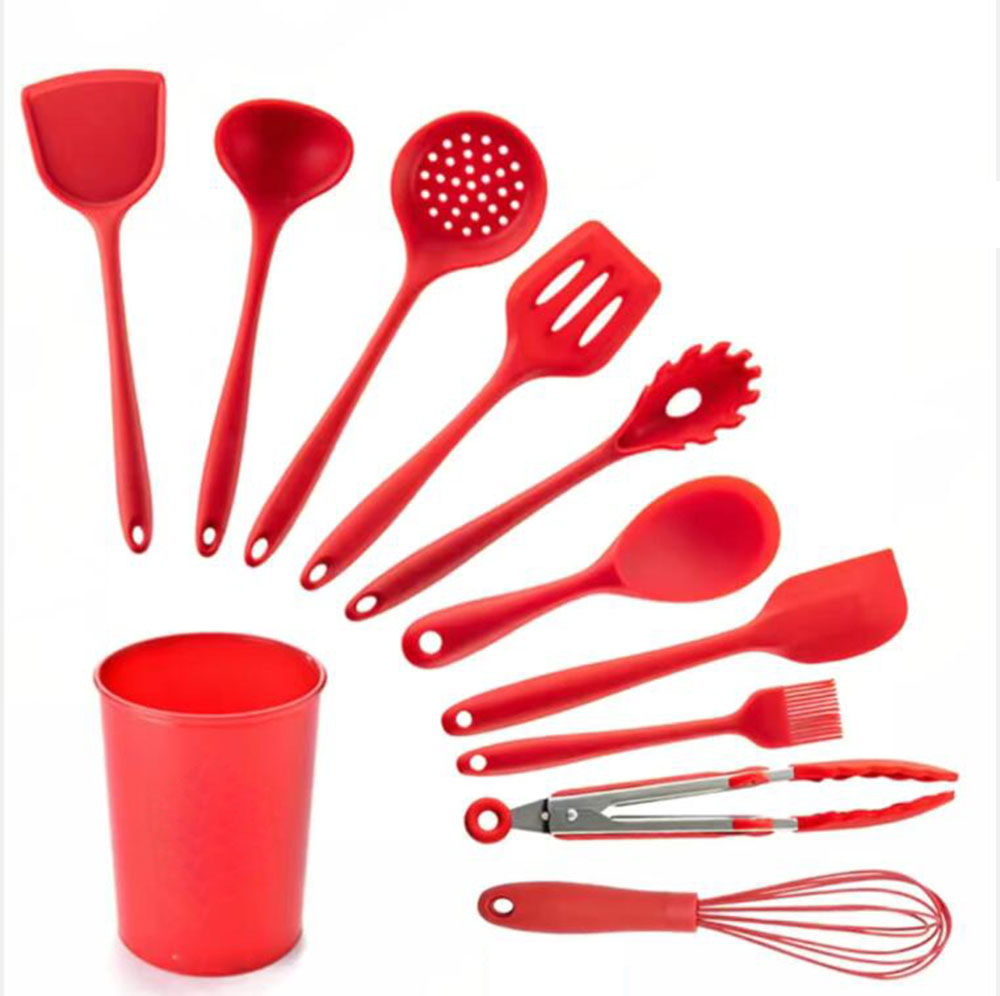11-Piece Silicone Kitchen Utensils Kitchen Utensils Cooking Spatula Set With Storage Bucket.