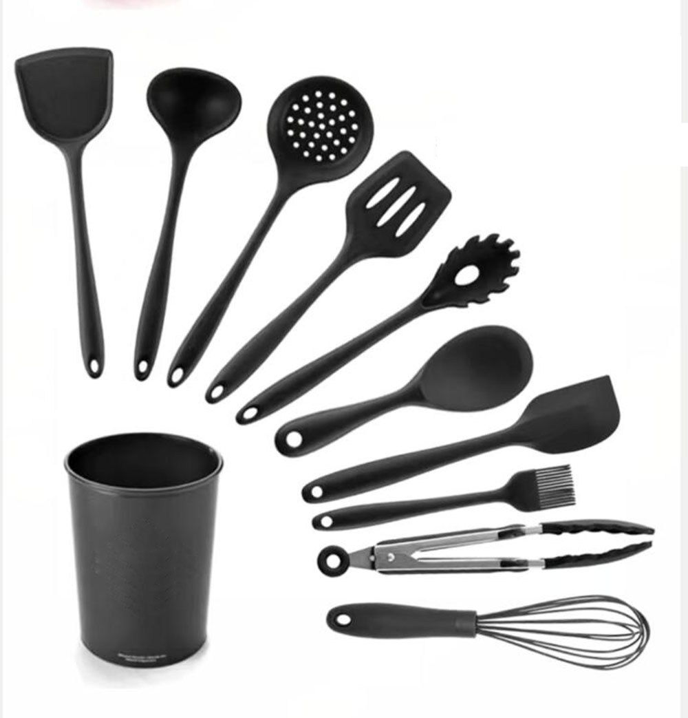 11-Piece Silicone Kitchen Utensils Kitchen Utensils Cooking Spatula Set With Storage Bucket.