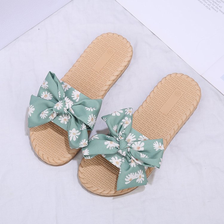 Sandals And Slippers Korean Floral Bowknot Flat Bottom Fashion Soft Bottom Flip Flops