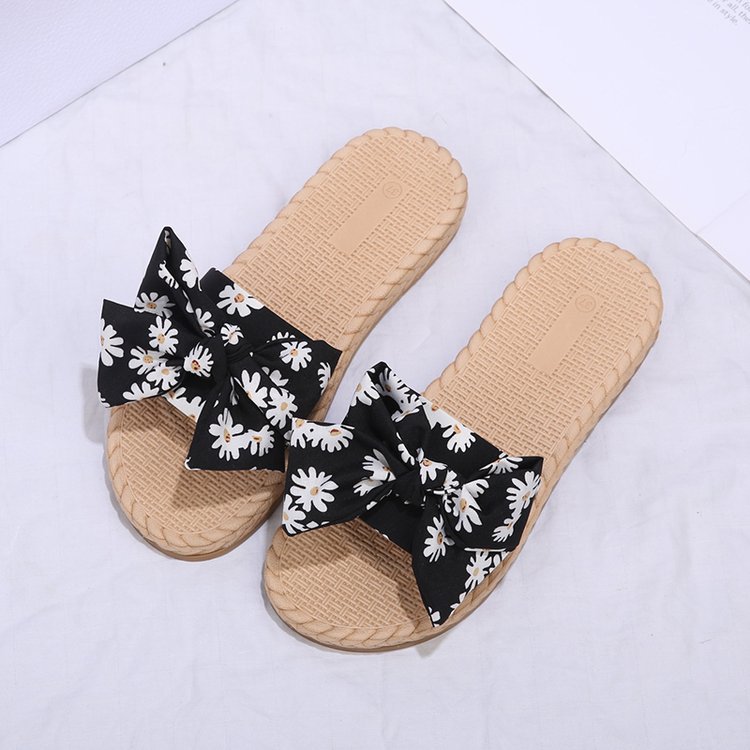 Sandals And Slippers Korean Floral Bowknot Flat Bottom Fashion Soft Bottom Flip Flops