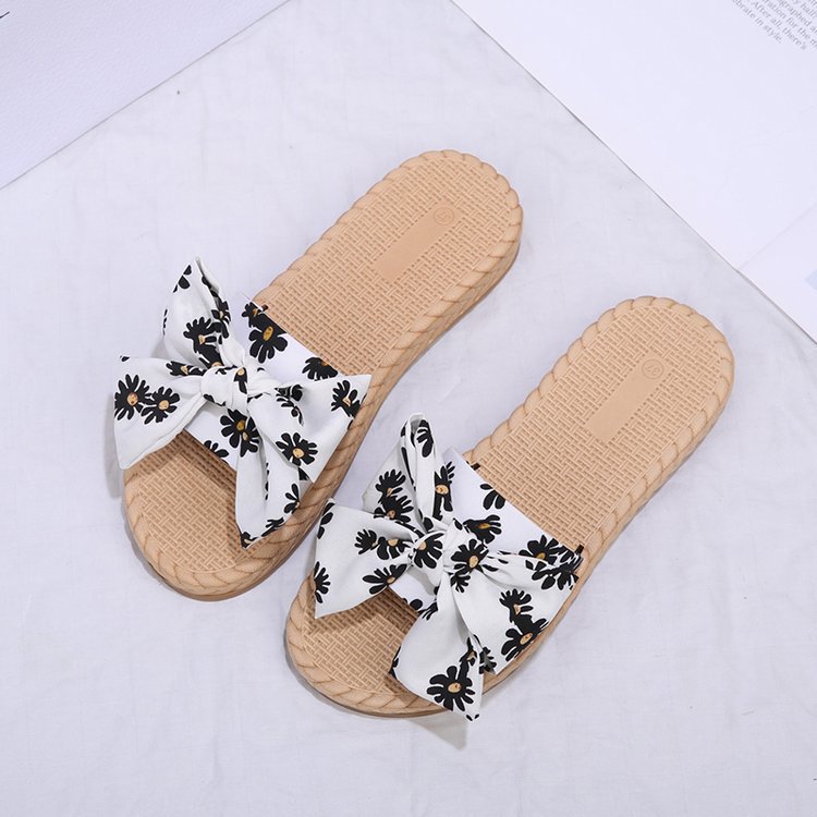 Sandals And Slippers Korean Floral Bowknot Flat Bottom Fashion Soft Bottom Flip Flops