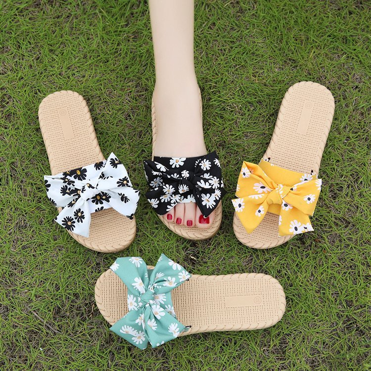 Sandals And Slippers Korean Floral Bowknot Flat Bottom Fashion Soft Bottom Flip Flops