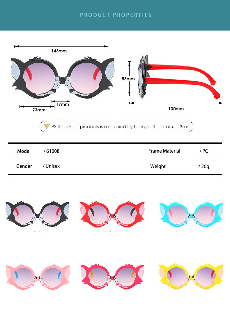New Tom Cat Sunglasses Cartoon Plastic Color Frame Children Cute Glasses.