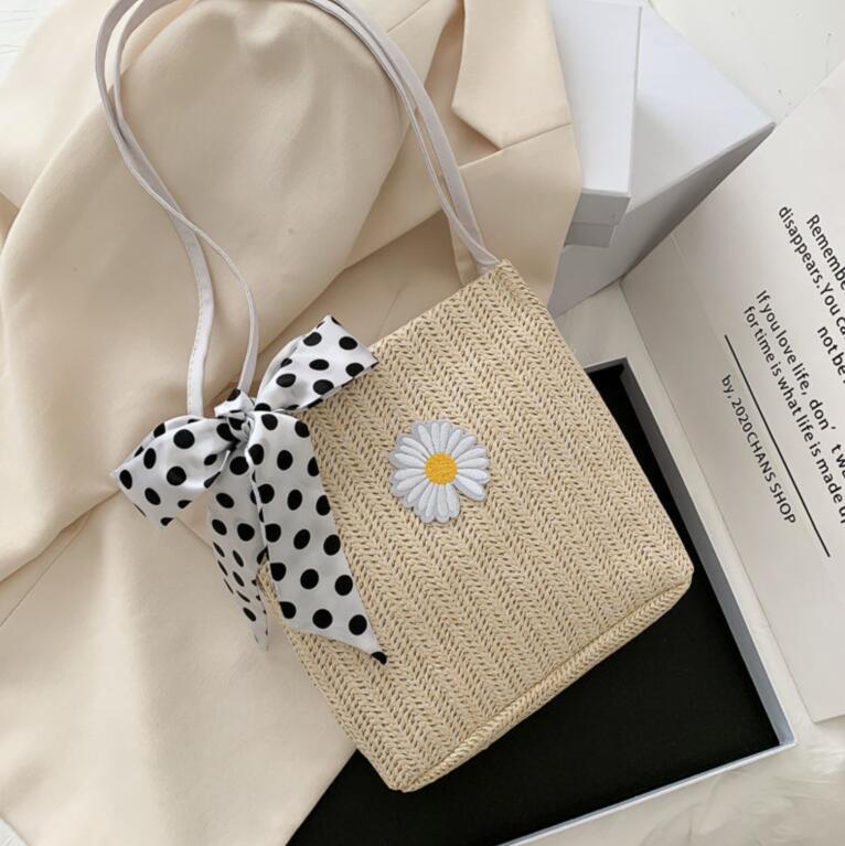 Straw Small Bag Female Sen Woven Silk Scarf Bucket Bag Girl Messenger Pearl Beach Bag.