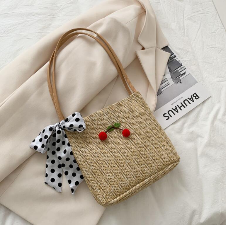 Straw Small Bag Female Sen Woven Silk Scarf Bucket Bag Girl Messenger Pearl Beach Bag.