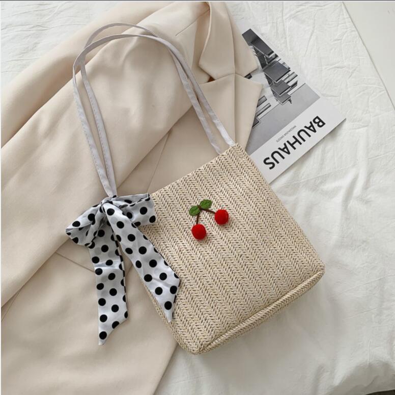 Straw Small Bag Female Sen Woven Silk Scarf Bucket Bag Girl Messenger Pearl Beach Bag.