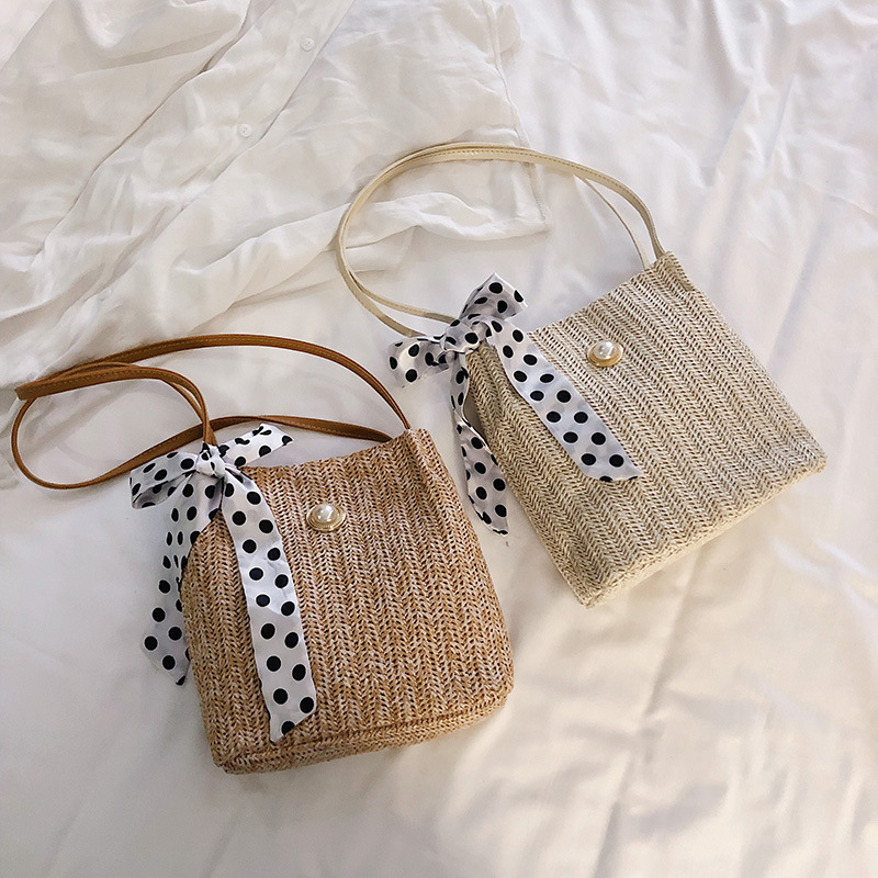 Straw Small Bag Female Sen Woven Silk Scarf Bucket Bag Girl Messenger Pearl Beach Bag.