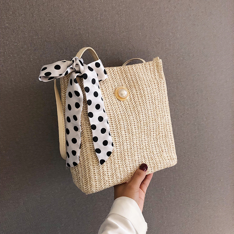 Straw Small Bag Female Sen Woven Silk Scarf Bucket Bag Girl Messenger Pearl Beach Bag.
