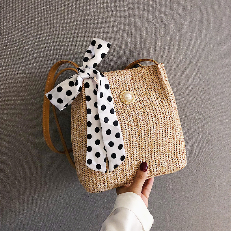 Straw Small Bag Female Sen Woven Silk Scarf Bucket Bag Girl Messenger Pearl Beach Bag.