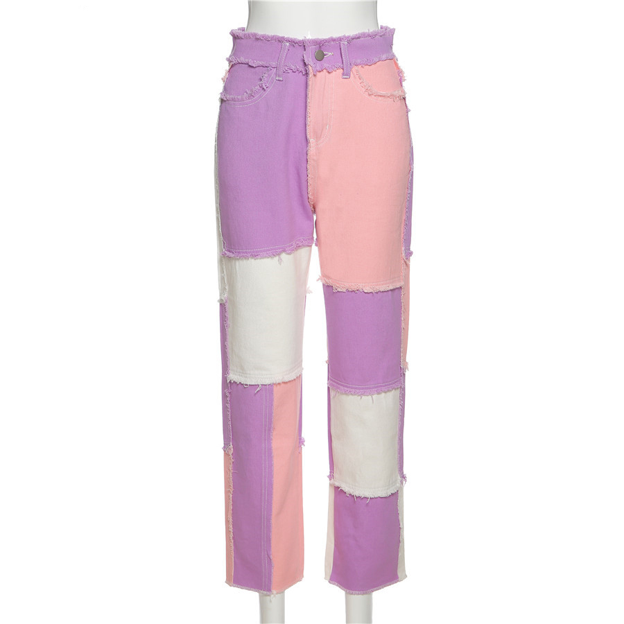 Fashion Women High Waist Street Wear Hip Hop Straight Trousers, Patchwork Design Casual Female Pants