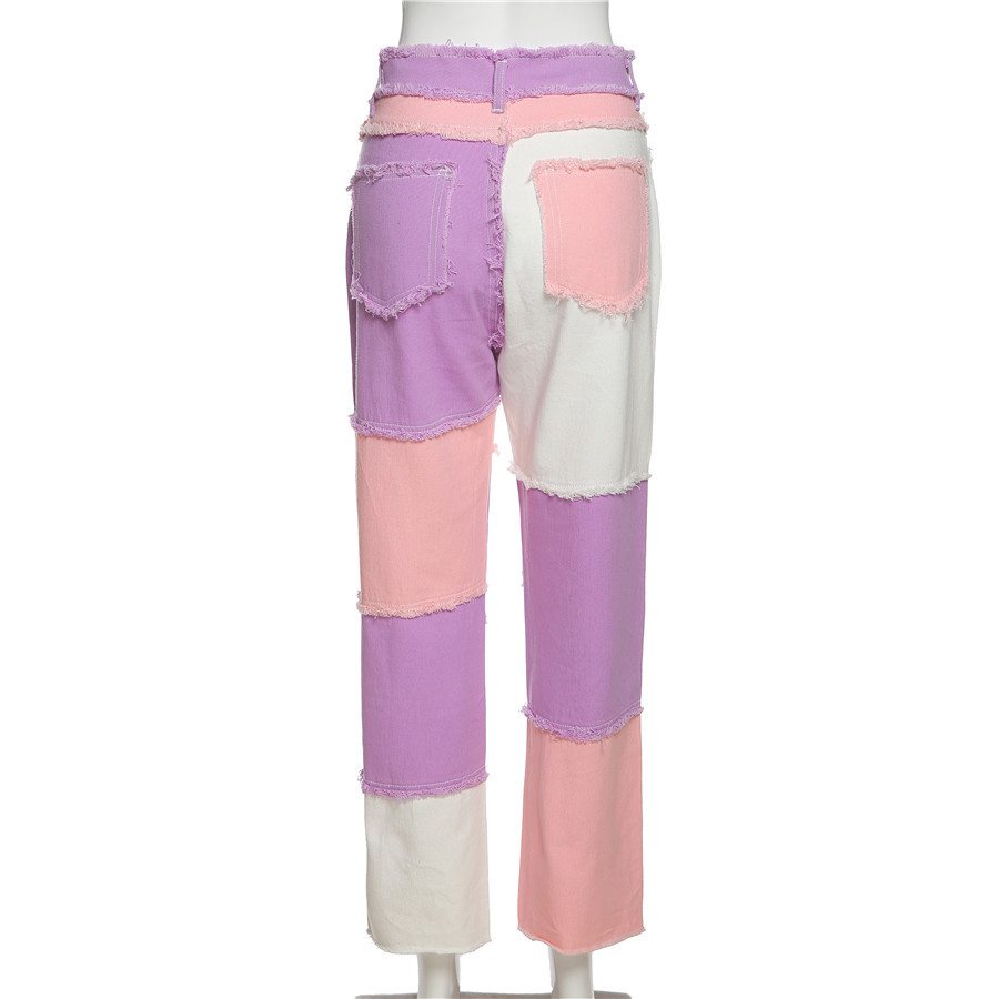Fashion Women High Waist Street Wear Hip Hop Straight Trousers, Patchwork Design Casual Female Pants