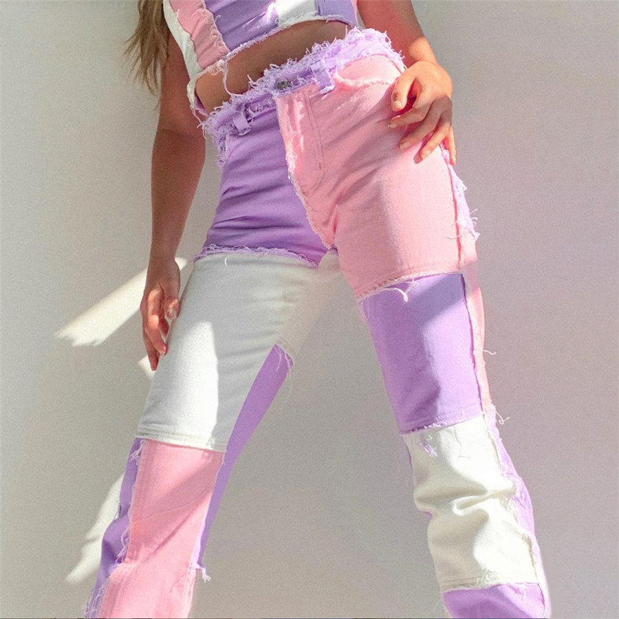 Fashion Women High Waist Street Wear Hip Hop Straight Trousers, Patchwork Design Casual Female Pants