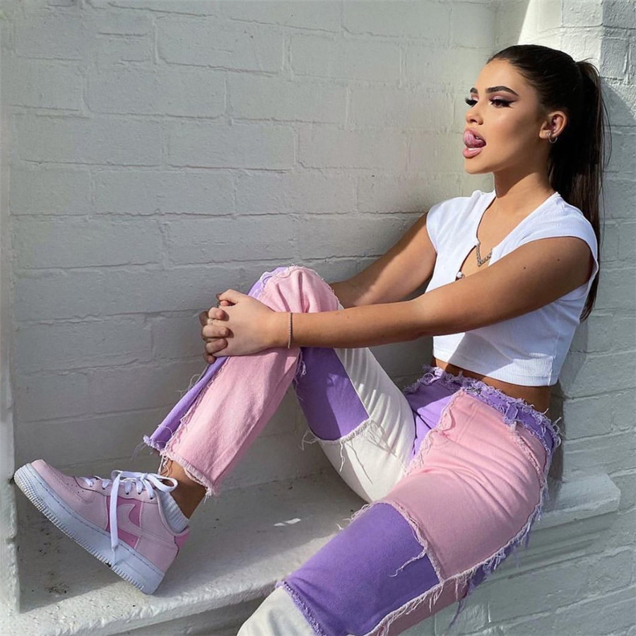 Fashion Women High Waist Street Wear Hip Hop Straight Trousers, Patchwork Design Casual Female Pants