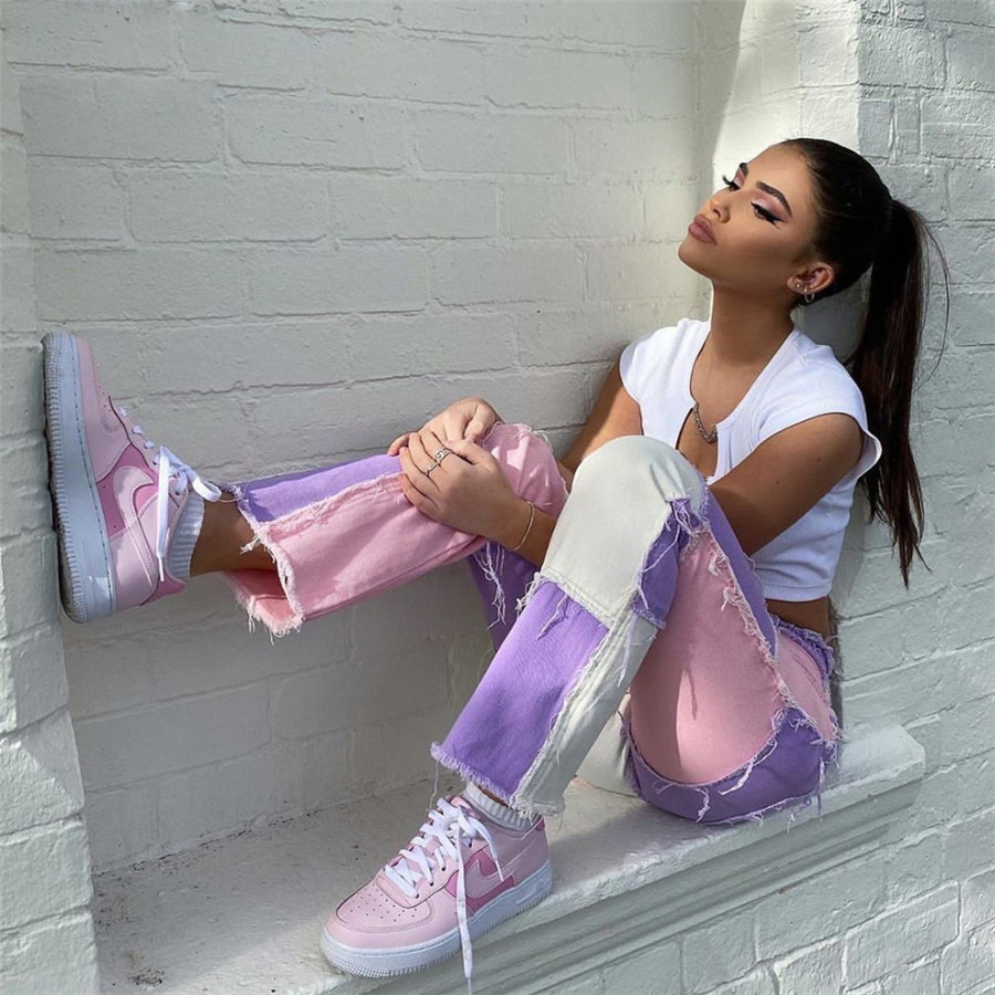 Fashion Women High Waist Street Wear Hip Hop Straight Trousers, Patchwork Design Casual Female Pants