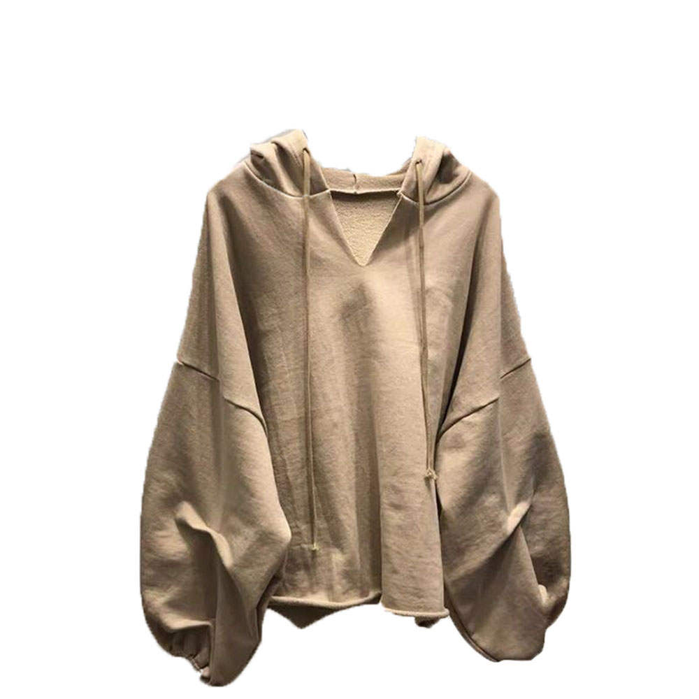 Cotton Hoodies Sweatshirts Women Lantern Sleeve V-neck Solid Color Women Clothes