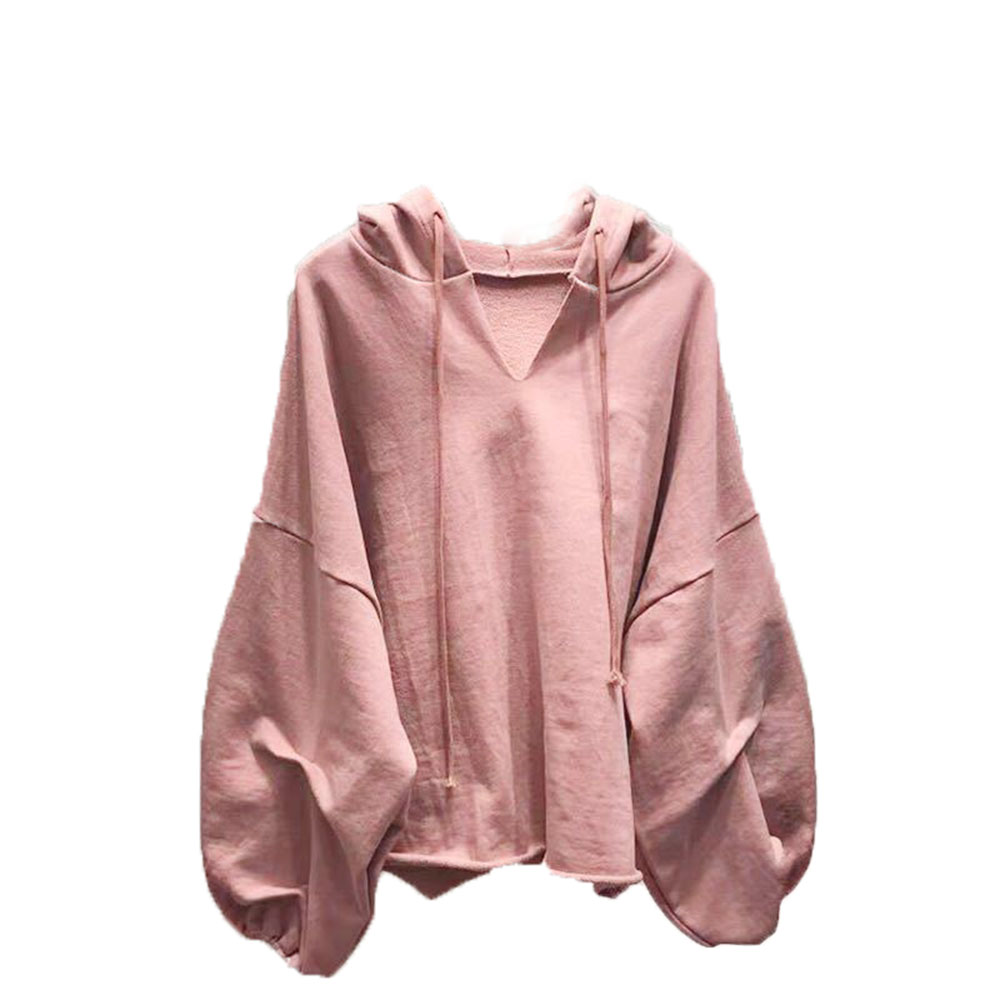 Cotton Hoodies Sweatshirts Women Lantern Sleeve V-neck Solid Color Women Clothes