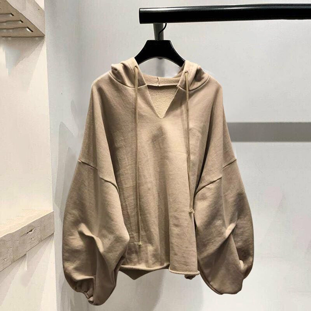 Cotton Hoodies Sweatshirts Women Lantern Sleeve V-neck Solid Color Women Clothes
