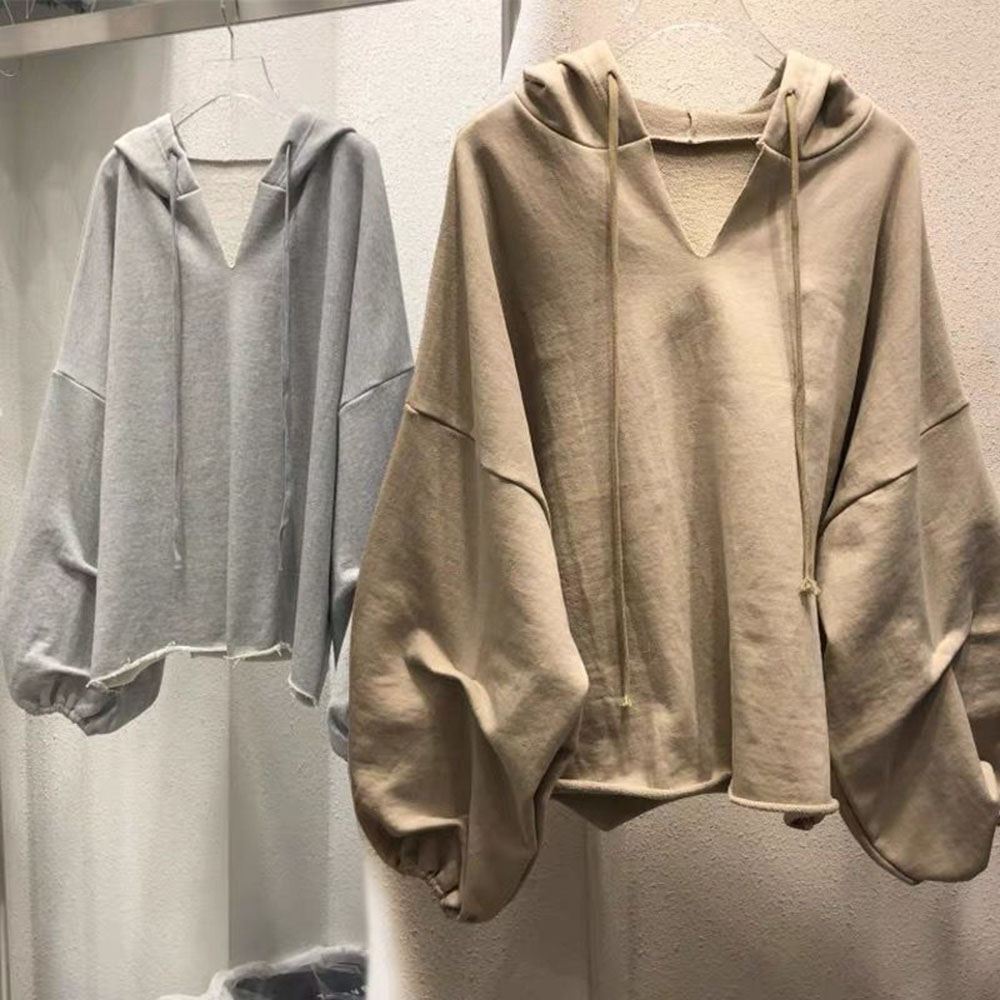 Cotton Hoodies Sweatshirts Women Lantern Sleeve V-neck Solid Color Women Clothes