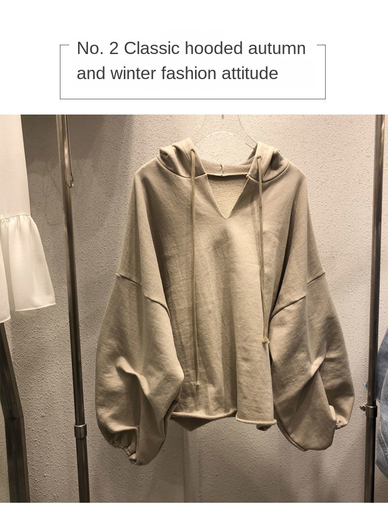 Cotton Hoodies Sweatshirts Women Lantern Sleeve V-neck Solid Color Women Clothes