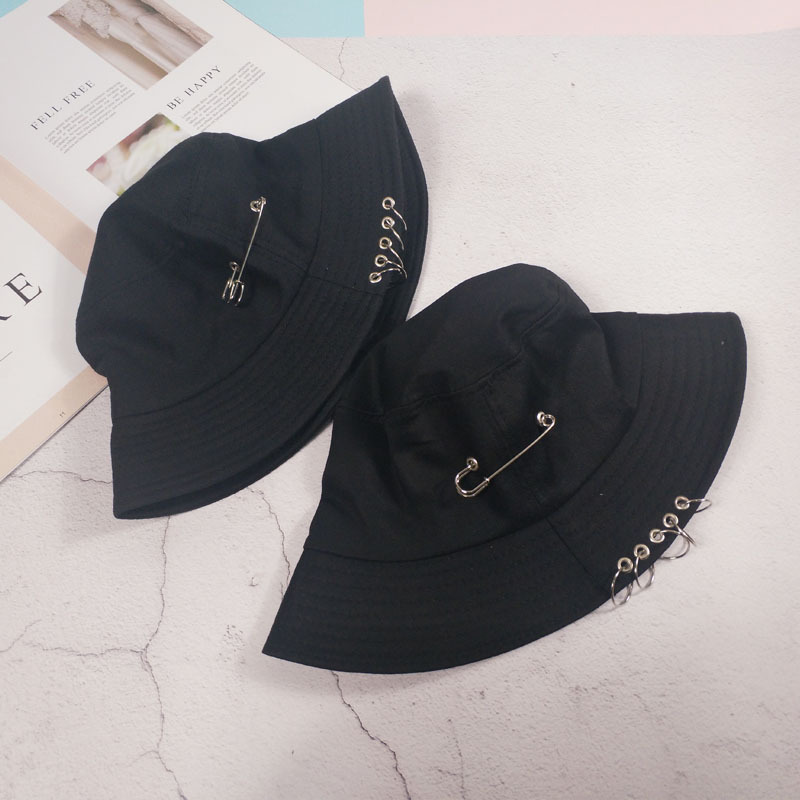 Fisherman Hat Female Korean Style Trendy Personality Big Pin Five-ring Flat Black Basin Hat.