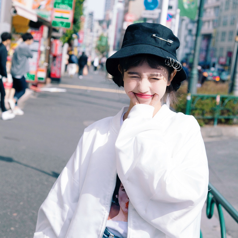 Fisherman Hat Female Korean Style Trendy Personality Big Pin Five-ring Flat Black Basin Hat.