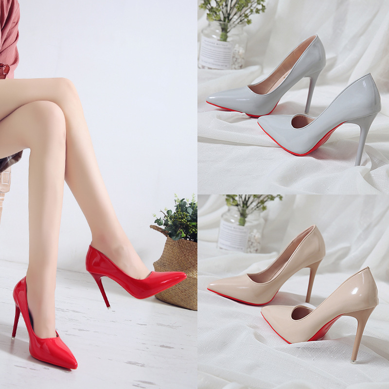 Korean Style Pointed Toe High-Heeled Single Shoes Women Stiletto Patent Leather Red Wedding Shoes.