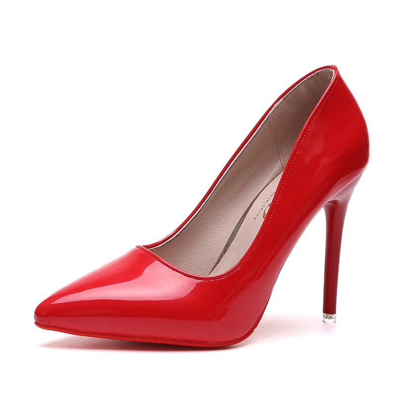 Korean Style Pointed Toe High-Heeled Single Shoes Women Stiletto Patent Leather Red Wedding Shoes.