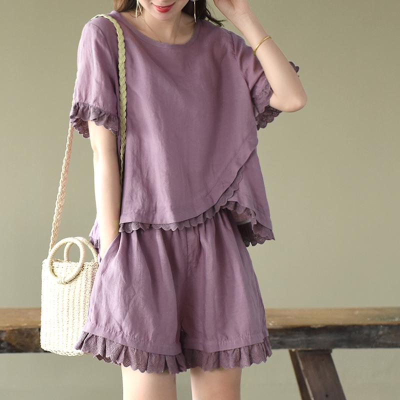 Pure Cotton Hollow Lace Fashion Suit Irregularly Placed Short-sleeved Wide-leg Shorts Two-piece