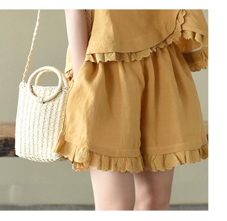 Pure Cotton Hollow Lace Fashion Suit Irregularly Placed Short-sleeved Wide-leg Shorts Two-piece
