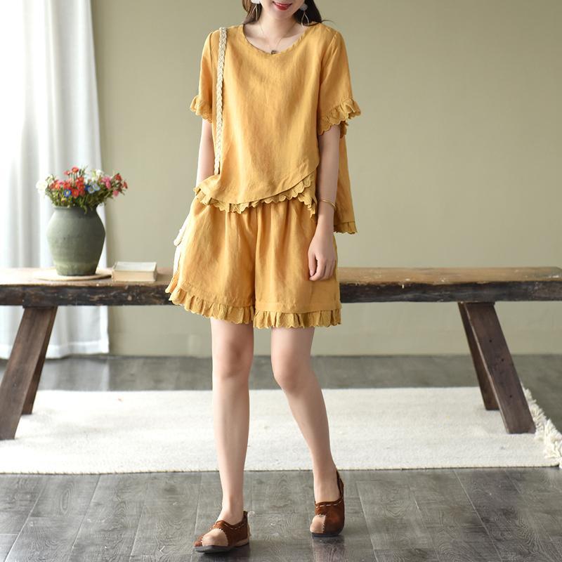 Pure Cotton Hollow Lace Fashion Suit Irregularly Placed Short-sleeved Wide-leg Shorts Two-piece