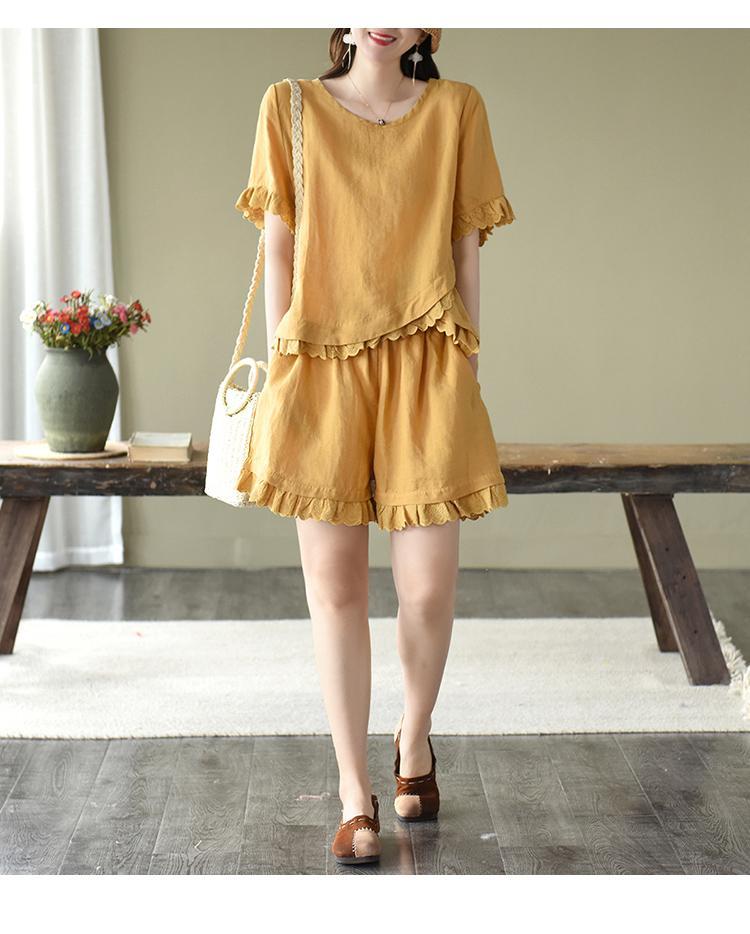 Pure Cotton Hollow Lace Fashion Suit Irregularly Placed Short-sleeved Wide-leg Shorts Two-piece