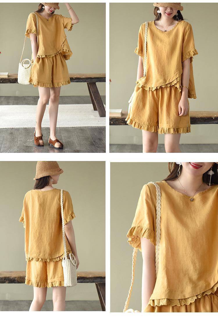 Pure Cotton Hollow Lace Fashion Suit Irregularly Placed Short-sleeved Wide-leg Shorts Two-piece