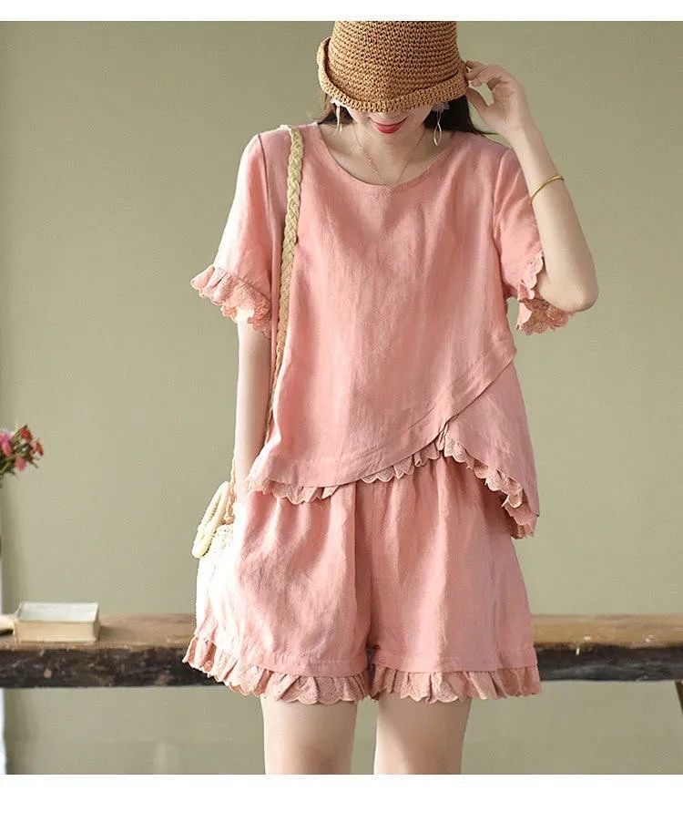 Pure Cotton Hollow Lace Fashion Suit Irregularly Placed Short-sleeved Wide-leg Shorts Two-piece