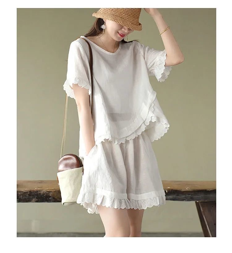 Pure Cotton Hollow Lace Fashion Suit Irregularly Placed Short-sleeved Wide-leg Shorts Two-piece