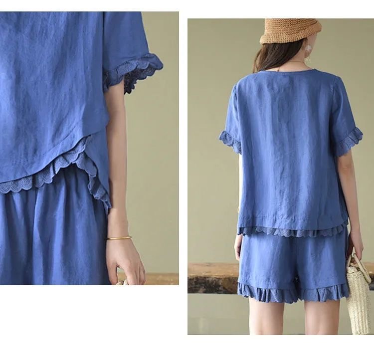 Pure Cotton Hollow Lace Fashion Suit Irregularly Placed Short-sleeved Wide-leg Shorts Two-piece