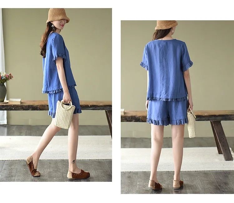 Pure Cotton Hollow Lace Fashion Suit Irregularly Placed Short-sleeved Wide-leg Shorts Two-piece