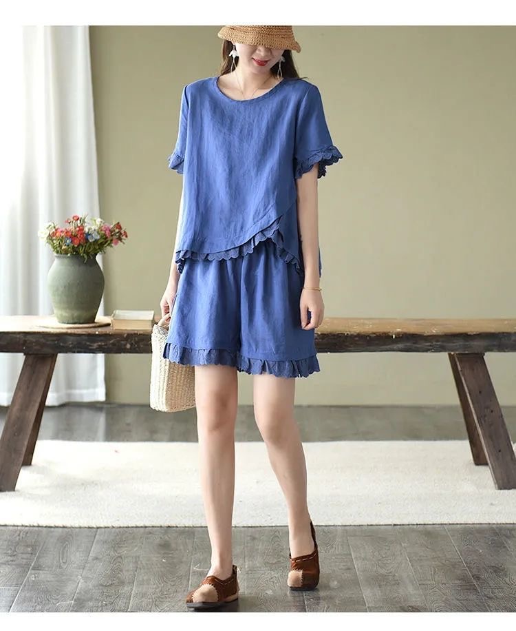 Pure Cotton Hollow Lace Fashion Suit Irregularly Placed Short-sleeved Wide-leg Shorts Two-piece