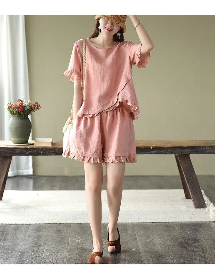 Pure Cotton Hollow Lace Fashion Suit Irregularly Placed Short-sleeved Wide-leg Shorts Two-piece
