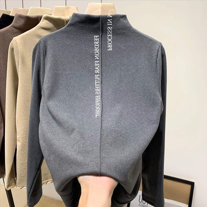 Half-High Collar Long-Sleeved Women's Fall/Winter Double-Fleece Brushed Base Shirt With Plus Velvet.