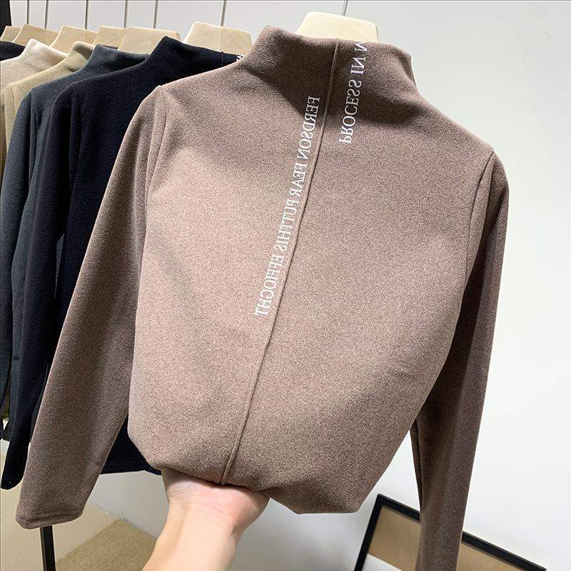 Half-High Collar Long-Sleeved Women's Fall/Winter Double-Fleece Brushed Base Shirt With Plus Velvet.