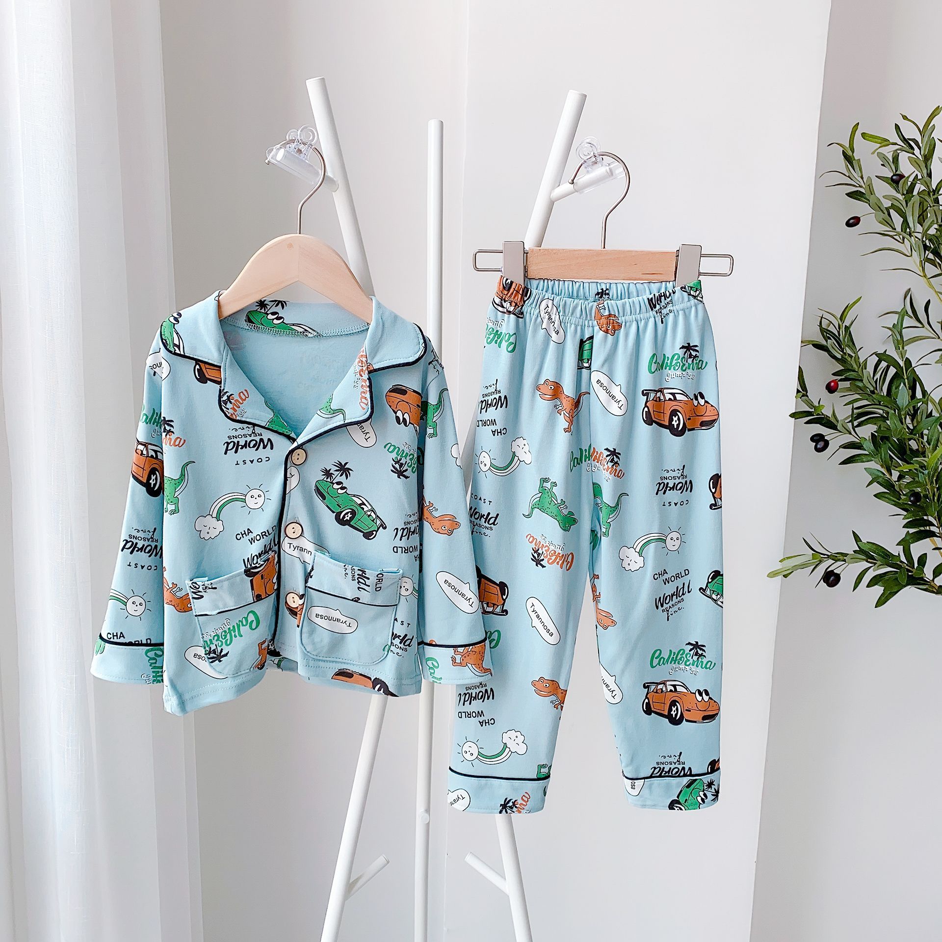 New Children's Home Service Suit Children's V-neck Cardigan Qiuyi Long Trousers Two-Piece Suit